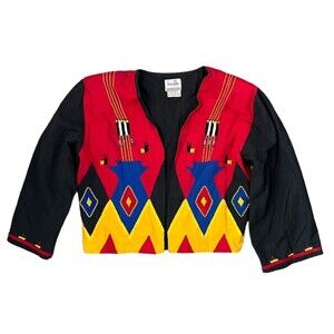 Irene Pulos Vintage Hand Embroidered Aztec Open Front Colorful Jacket Size L